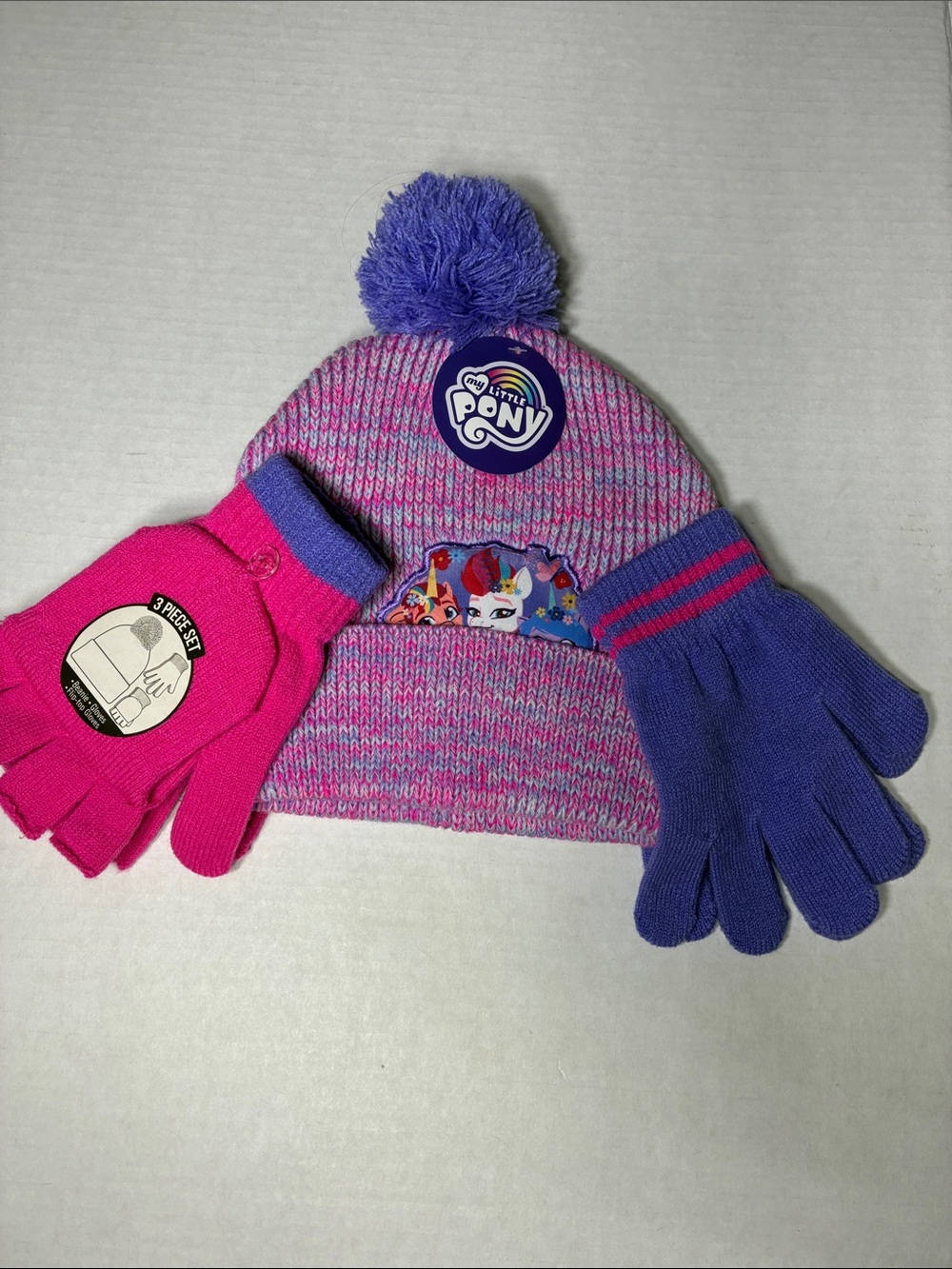 Hasbro| My Little Pony Pink & Purple Knit Pom Hat with Matching Gloves